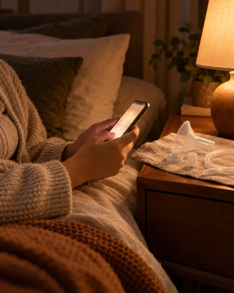 Mãos de uma mãe com o celular de madrugada, ao lado de peças de extratora secando